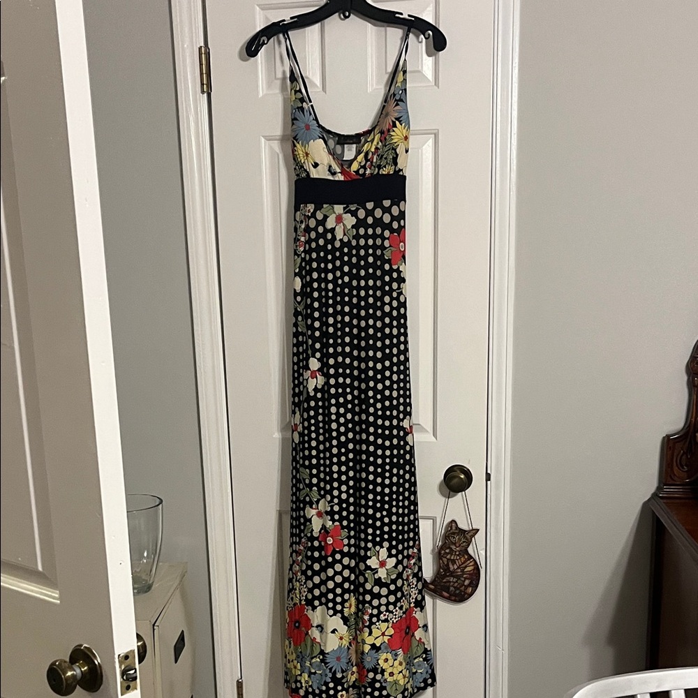 Adam Black Maxi Dress with Polka Dot and Floral Accents